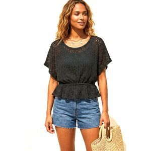 Black Lace Knit Peplum Top Dolman Sleeve Crochet Blouse L Whimsigoth Cottage